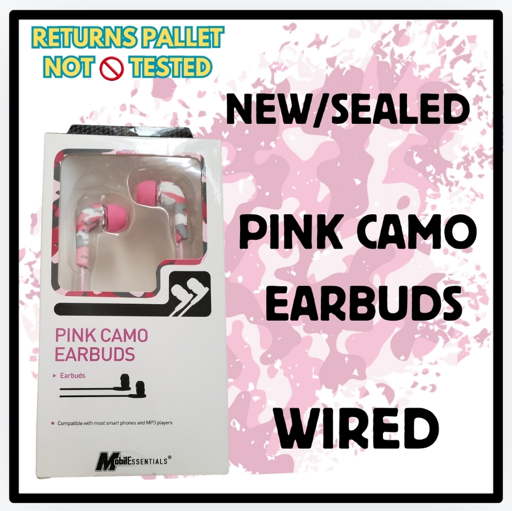 🥳PINK CAMO WIRED EARBUDS/NEW/MOBILESSENTIALS-NOT TESTED